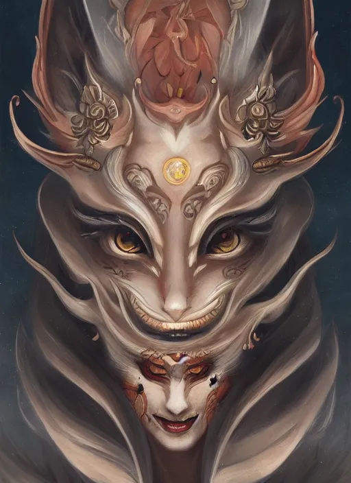 Image similar to a beautiful detailed oil on copper art illustration of a japanese kitsune hannya mask devil woman, centered, by charlie bowater, zeng fanzh, trending on artstation, dim dusk lighting, cinematic lighting, detailed lighting, volumetric lighting, realistic, f 8, 4 k hd wallpaper