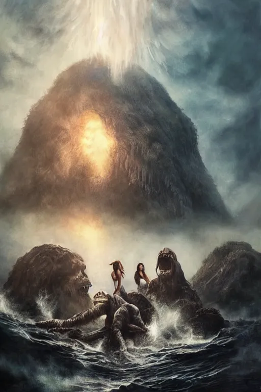 Image similar to movie poster, realistic photographed oil panting of skull island, suicidegirls surfing, dead bodies, ghosts, supernatural colors, beautiful, dappled silver lighting, epic, atmospheric, highly detailed, horrific, 8 k, art by art by artgerm and greg rutkowski and edgar maxence