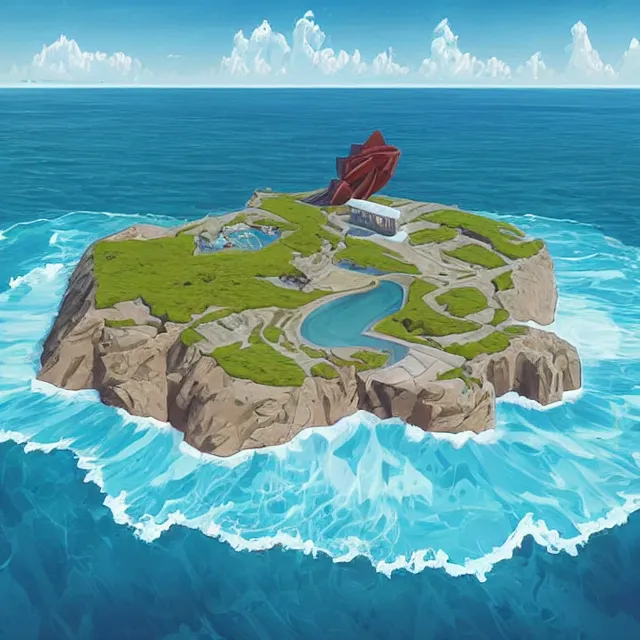 Prompt: a remote island research station in the middle of the ocean, rhads!!!, ominous, digital science fiction realism, archipelago!!, urban fantasy, saturday morning cartoon, clean linework, ( alexander archipenko ), western animation