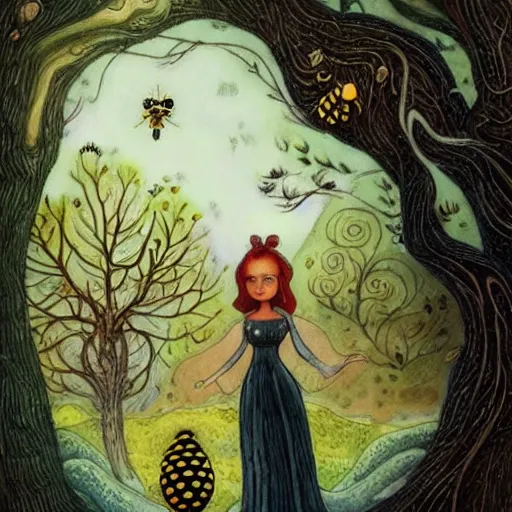 Image similar to a portrait of a woman standing infront of a window, she is happy and has lovely hair and eyes, a man is standing behind her with a look of suprise in his face, 🪴🌳🐝, 8 k, lowbrow, in the style of daniel merriam and alexander jansson,