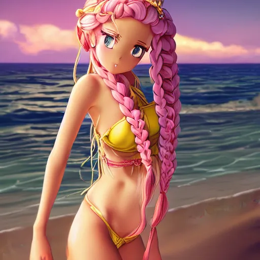 Prompt: a very beautiful anime princess, full body, long braided curly blonde hair, twisted braids, golden watery eyes, full round face, short smile, pale pink bikini, serene beach setting, cinematic lightning, medium shot, mid-shot, highly detailed, trending on artstation, Unreal Engine 4k, cinematic wallpaper by Stanley Artgerm Lau, WLOP, Rossdraws, James Jean, Andrei Riabovitchev, Marc Simonetti, and Sakimichan