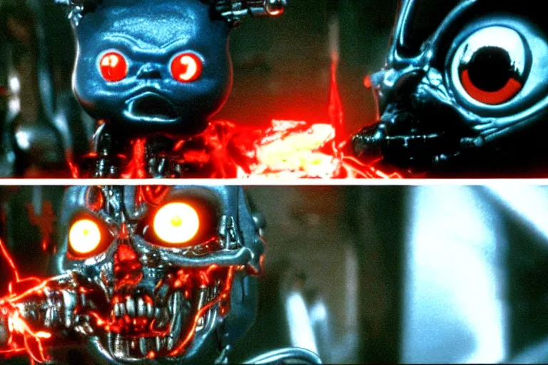 Image similar to Terminator Pikachu scene where his endoskeleton gets exposed and his eye glows red, still from the film by H. R. Giger in color