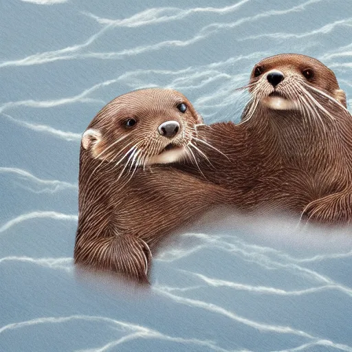 Prompt: illustration hyper detailed otters holding hands in a huge storm cinematic trending on artstation masterpiece