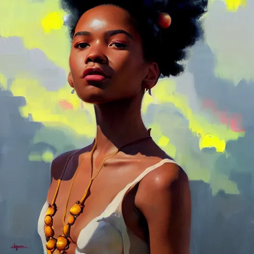 Image similar to Greg Manchess portrait painting of a beautiful 16 year old afropunk blasian character, medium shot, asymmetrical, profile picture, Organic Painting, sunset day, matte painting, bold shapes, hard edges, street art, trending on artstation, by Huang Guangjian and Gil Elvgren and Sachin Teng