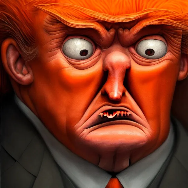 Image similar to gediminas pranckevicius | close up portrait of a evil trump with orange hair in the sinister valley of despair, one mouth, one nose, two eyes, oil painting by tomasz jedruszek, cinematic lighting, pen and ink, intricate line, hd, 4 k, million of likes, trending on artstation