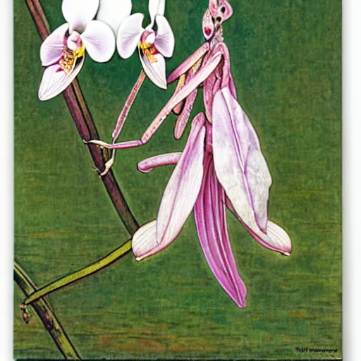 Prompt: orchid mantis by William Morris and Carlos Schwabe