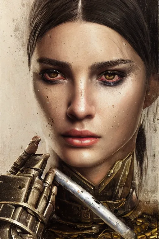 Image similar to a photorealistic painting of an attractive young girl, partially clothed in metal-plated battle armor, olive skin, long dark hair, beautiful bone structure, symmetrical face, perfect eyes, intricate, elegant, digital painting, concept art, illustration, sharp focus, minimal artifacts, from Metal Gear, in the style of Ruan Jia and Mandy Jurgens, by Greg Rutkowski, trending on Artstation, award winning