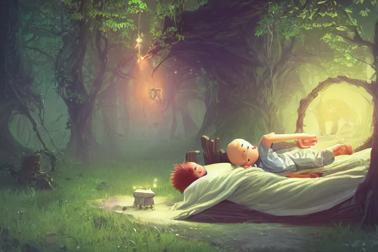Image similar to a beautiful illustration of a little cute boy in his bed dreaming about a beautiful green forest, fantasy, intricate, epic lighting, cinematic composition, hyper realistic, 8 k resolution, unreal engine 5, by artgerm, tooth wu, dan mumford, beeple, wlop, rossdraws, james jean, marc simonetti, artstation