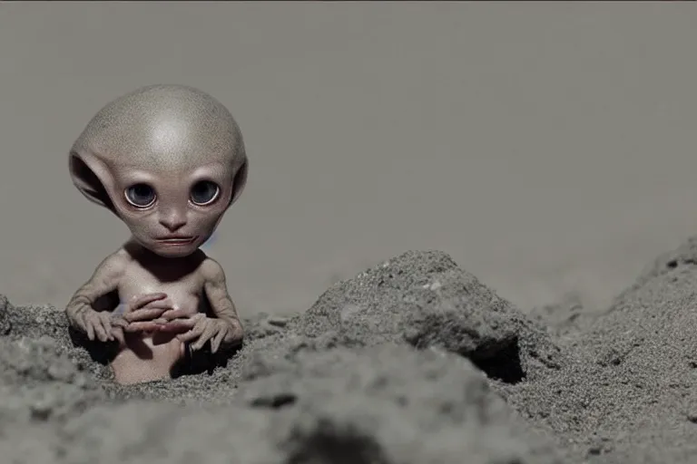 Image similar to vfx movie scene closeup adorable curios tiny little baby alien creature in moon desert eating a rock. by emmanuel lubezki