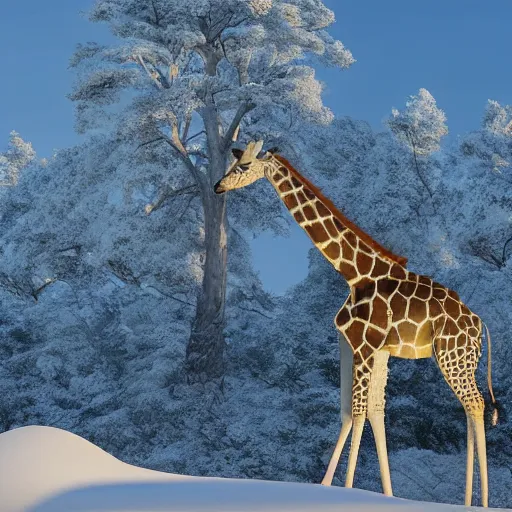 Prompt: a giraffe inhales a pile of snow into hit nostril, island background, photorealistic, 4 k
