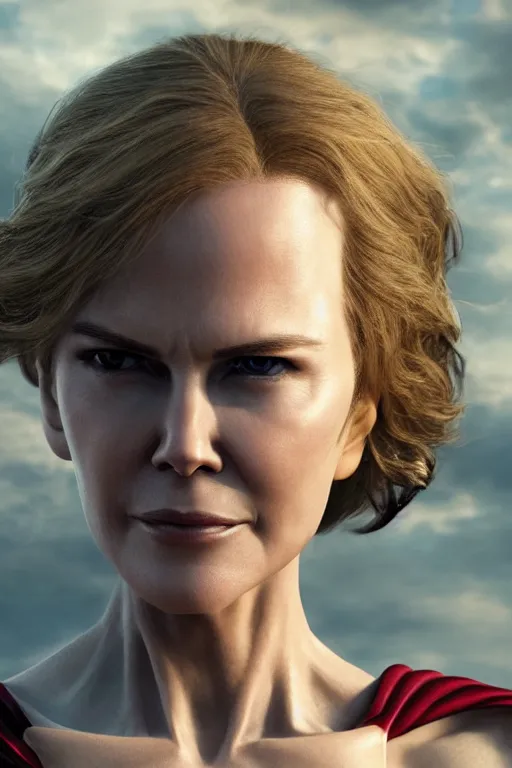 Prompt: a fancy close up of Man of Steel cast as Nicole Kidman by Greg Rutkowski, Sung Choi, Mitchell Mohrhauser, Maciej Kuciara, Johnson Ting, Maxim Verehin, Peter Konig, 8k photorealistic, cinematic lighting, HD, high details, dramatic, trending on artstation, full body armour