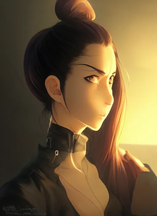 Image similar to black ponytail hair, pale woman in a black zipper jacket, yellow eyes, by artgerm, hair tied in a ponytail, white backdrop, soft lighting, night scene, by greg rutkowski makoto shinkai takashi takeuchi