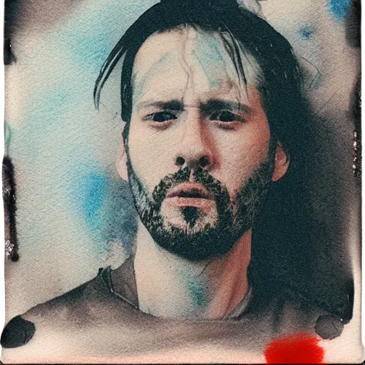 Image similar to a liquid white clay porcelain portrait of a dude face melt down flow go runny, realistic detailed watercolor polaroid, grainy image, contrast