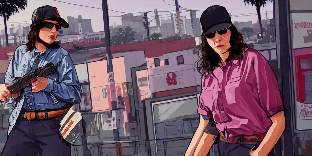 Prompt: Hila Klein as a 90s gangster in GTA V, Cover Art by Stephen Bliss, Boxart, Loading Screen. 8k Resolution