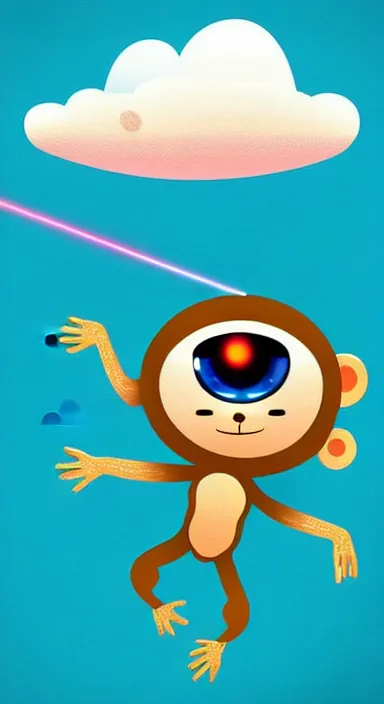 Image similar to “ big eye monkey holding laser gun floating in clouds, digital art, super aesthetic, art station childish style ”