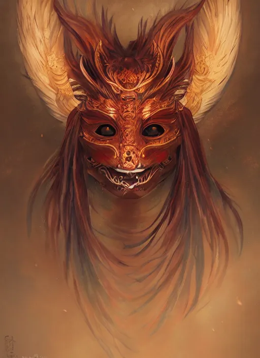 Image similar to a beautiful detailed oil on copper art illustration of a japanese tengu kitsune mask devil woman, the mask is broken, centered, by charlie bowater, zeng fanzh, trending on artstation, dim dusk lighting, cinematic lighting, detailed lighting, volumetric lighting, realistic, f 8, 4 k hd wallpaper