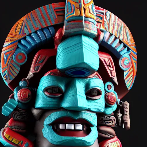 Image similar to closeup 3 d toy maori aztec god as funco toy, plastic, sss, octane 4 k render, studio lighting, artstation, cyan photographic backdrop, 1 0 5 mm, f 2. 8 aperture