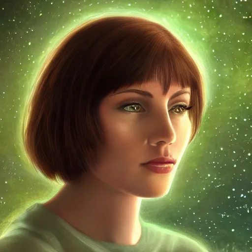 Image similar to an hd photo of a young woman with short brown hair and green eyes, beautiful trees in the background, night sky with stars and galaxies, trending on artstation