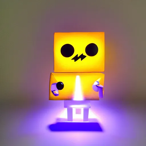 Image similar to a highly detailed vinyl figure with lighting bolts coming out of its eyes, square nose, electric eyes, sparking eyes, realistic lighting, realistic reflections