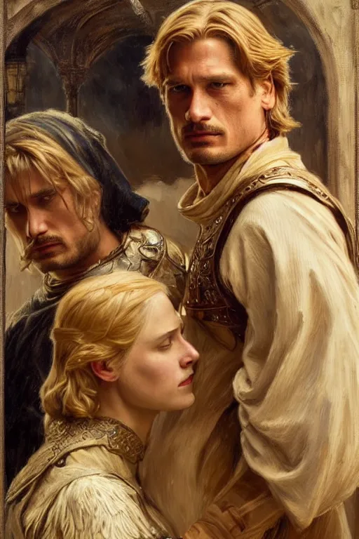 Image similar to attractive fully clothed young jaime lannister confesses his love for his attractive fully clothed brienne of tarth. highly detailed painting by gaston bussiere and j. c. leyendecker 8 k
