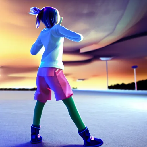 Image similar to hd 3d render of anime style teenager girl doing moonwalk with dynamic lighting, blue tint