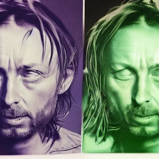 Image similar to prints of random thom yorke versions on a table, hyper realistic, many very random variations of thom yorke, various emotions, various poses, high quality photographs, mixed styles, intricate details, diverse