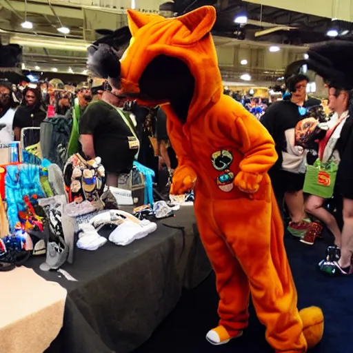 Prompt: snoop dog wearing a fox fursuit at a furry convention, indoor convention vendors