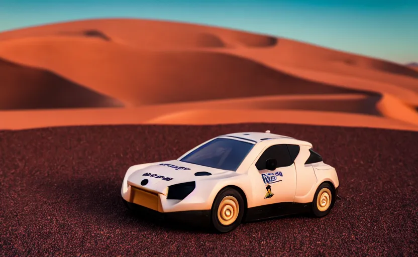 Image similar to photograph of an Itasha surrounded by desert with a futuristic city in the horizon, sigma 85mm f/1.4, 4k, depth of field, high resolution, 4k, 8k, hd, full color