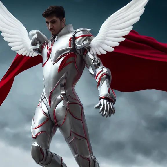 Prompt: cinematic full body shot of a male angel flying, white metallic armor, red cape, elegant pose, detailed arms, detailed white armor, two arms, two legs, detailed fanart, macro art, realistic digital art, DeviantArt, artstation, 3D realistic, 8k HD, octane render
