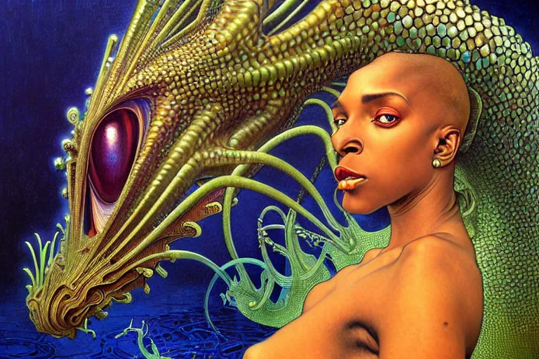 Image similar to realistic extremely detailed closeup portrait painting of a beautiful black woman wearing futuristic dress, mutant dragon on background by Jean Delville, Amano, Yves Tanguy, Alphonse Mucha, Ernst Haeckel, Edward Robert Hughes, Roger Dean, rich moody colours