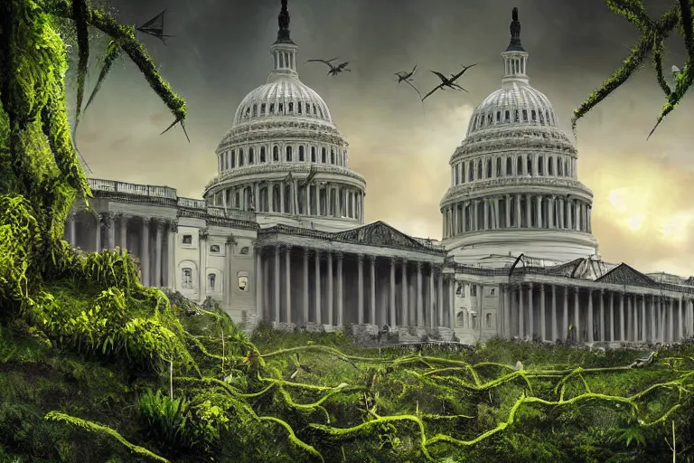 Image similar to an epic landscape view of vines and moss growing on the us capitol building, jungle, with pterosaurs flying, close - up, low angle, wide angle, atmospheric, volumetric lighting, cinematic, very realistic, sharp, highly detailed digital art, painted by tyler edlin