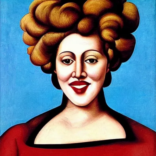 Prompt: very detailed and colorful portrait of bernadette peters smiling, painted by giorgio de chirico