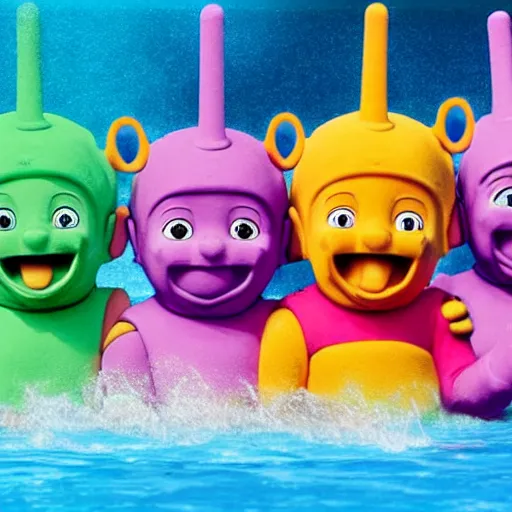 Image similar to a photo of 5 teletubbies playing water polo