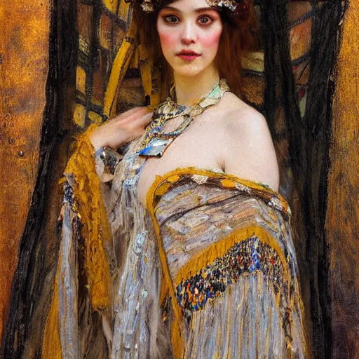 Image similar to Richard Schmid and Jeremy Lipking and Gustav Klimt portrait painting of a young beautiful woman priestess victorian orientalist in elaborate costume