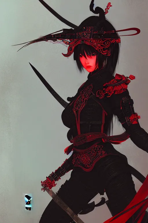 Image similar to portrait Ninja gaiden girl, armored black and red ninja wardrobe, in ruin japanese rainny temple night, ssci-fi and fantasy, intricate and very very beautiful and elegant, highly detailed, digital painting, artstation, concept art, smooth and sharp focus, illustration, art by tian zi and WLOP and alphonse mucha