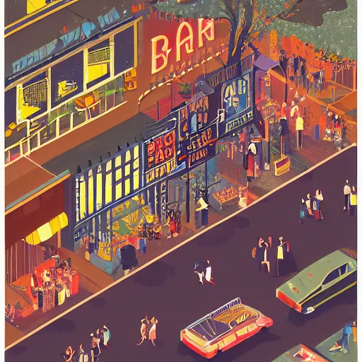 Image similar to isometric view illustration of a very lively bar neighborhood , highly detailed, end of the day, by Victo Ngai and James Gilleard , Mumford Dan, Pennington Bruce