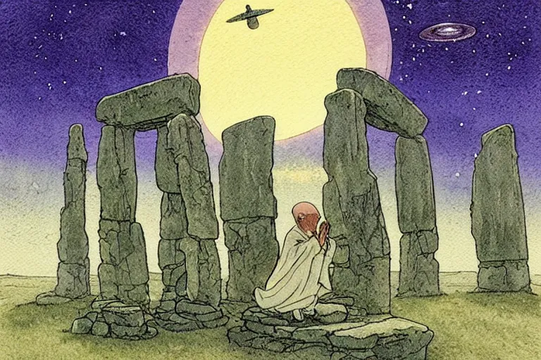 Image similar to a realistic and atmospheric watercolour fantasy concept art of a ufo landing in a floating stonehenge. one dirty medieval monk in grey robes is on his knees praying to the ufo. muted colors. by rebecca guay, michael kaluta, charles vess and jean moebius giraud