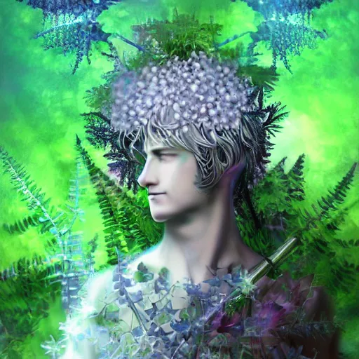 Prompt: half figure shot of a male angelic knight, stern face, clear eyes, shining sword, in a dark forest, shining armour made of steel and flowers, and fractal flowery hair in a fractal garden, glowing delicate flower, berries and ferns that grow in a dark fantasy forest, clear face, peaceful face,