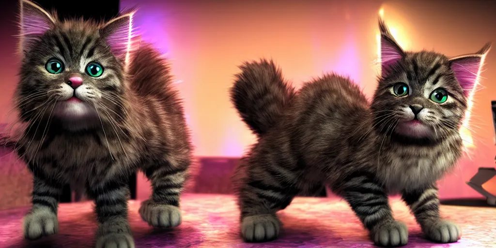 Image similar to a 3 d rendered movie still a cute robotic kitten with rgb ambient lighting implants. the robot maine coon kitten. in the background is a cyberpunk cat tree with rgb dramatic lighting. science fiction blockbuster movie from the future, imax 7 0 mm. octane 3 d render, style of mandalorian ( american space western television series )