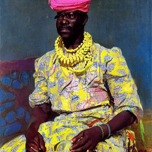 Image similar to portrait of king of dahomey outdoors dressed in airy clothing, 1905, brightly coloured oil on canvas, by ilya repin