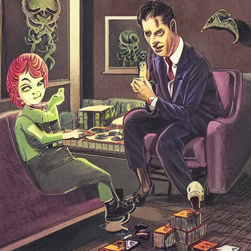 Image similar to Cthulhu as a modern day business man with a family and a drug and gambling addiction, Junji Ito and Greg rutkowski, psychedelic , 50s style infomercial , award winning , retro futuristic