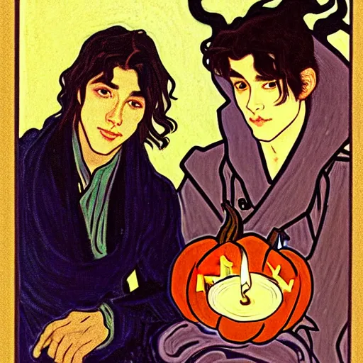 Image similar to painting of young cute handsome beautiful dark medium wavy hair man in his 2 0 s named shadow taehyung and cute handsome beautiful min - jun together at the halloween party, bubbling cauldron, candles, smoke, tarot, autumn colors, elegant, stylized, soft facial features, delicate facial features, art by alphonse mucha, vincent van gogh, egon schiele