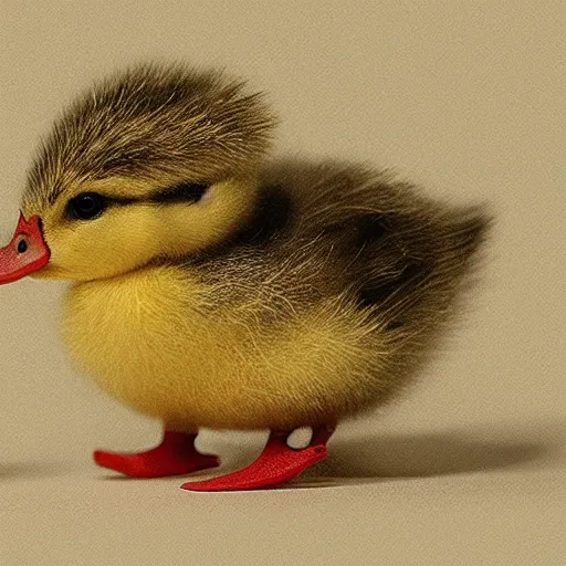 Image similar to a baby duckling wearing a bow on her head, holding a scalpel