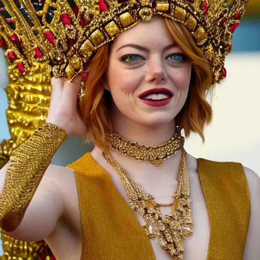 Image similar to A full body shot of Emma Stone wearing a golden Arabian crown , royality, high quality, fully detailed, 4k, in focus, detailed eyes