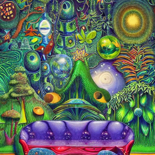 Image similar to psychedelic couch sofa in the lush forest, milky way, designed by moebius, rob gonsalves, gustav dore, giuseppe arcimboldo and carl barks, louis wain, trending on artstation, mediterranean, star, sharp focus, colorful refracted sparkles and lines, soft light, 8 k 4 k