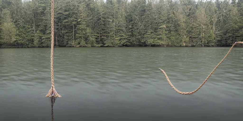 Image similar to symmetrical photograph of an infinitely long rope floating on the surface of the water, the rope is snaking from the foreground stretching out towards the center of the lake, a vortex in the middle of a dark lake on a cloudy day, trees in the background, anamorphic lens