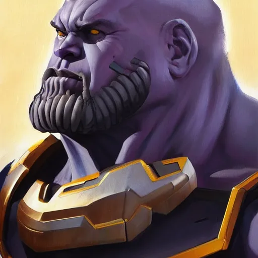 Image similar to greg manchess portrait painting of thanos as overwatch character, medium shot, asymmetrical, profile picture, organic painting, sunny day, matte painting, bold shapes, hard edges, street art, trending on artstation, by huang guangjian and gil elvgren and sachin teng