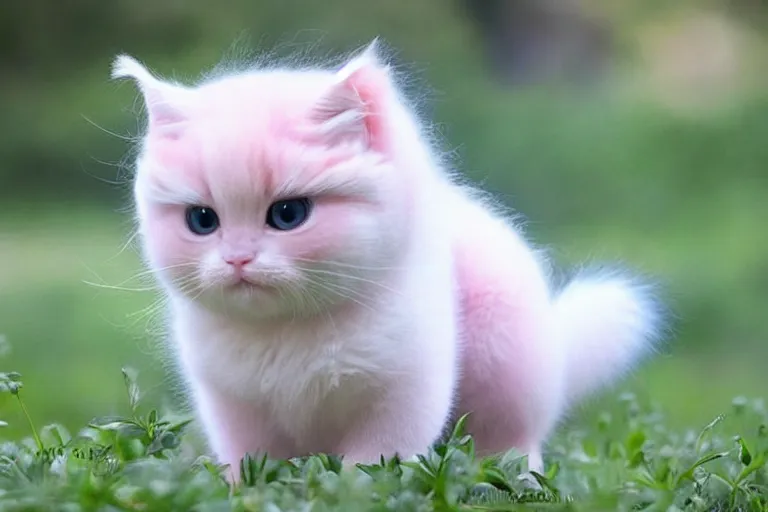 Image similar to real life mew pokemon, cute!!!, heroic!!!, adorable!!!, playful!!!, chubby!!! fluffly!!!, happy!!!, cheeky!!!, mischievous!!!, ultra realistic!!!, spring time, slight overcast weather, golden hour, sharp focus