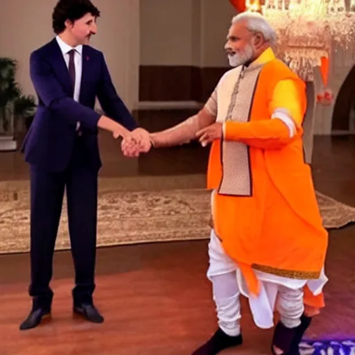 Prompt: Justin Trudeau dancing with Narendra Modi in bollywood costume