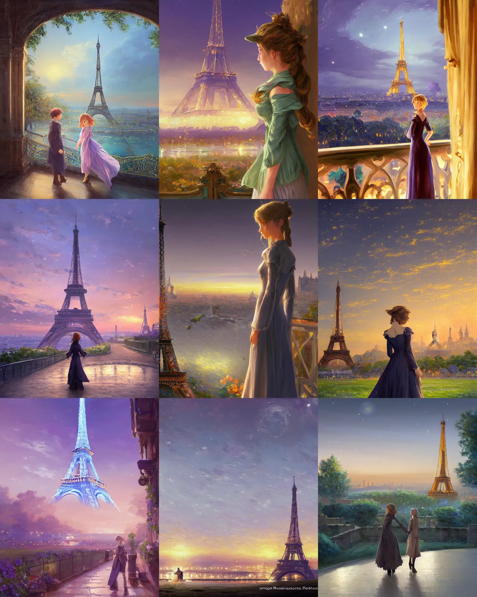 Image similar to over the shoulder landscape painting of violet evergarden, behind are distant lights from paris, eiffel tower, next to the reflecting ocean, nighttime, by vladimir volegov and Philipp A. Urlich and Pengzhen Zhang and Andreas Rocha, fantasy, intricate, elegant, highly detailed, digital painting, artstation, blender, unreal engine 5, octane render, smooth, sharp focus, illustration